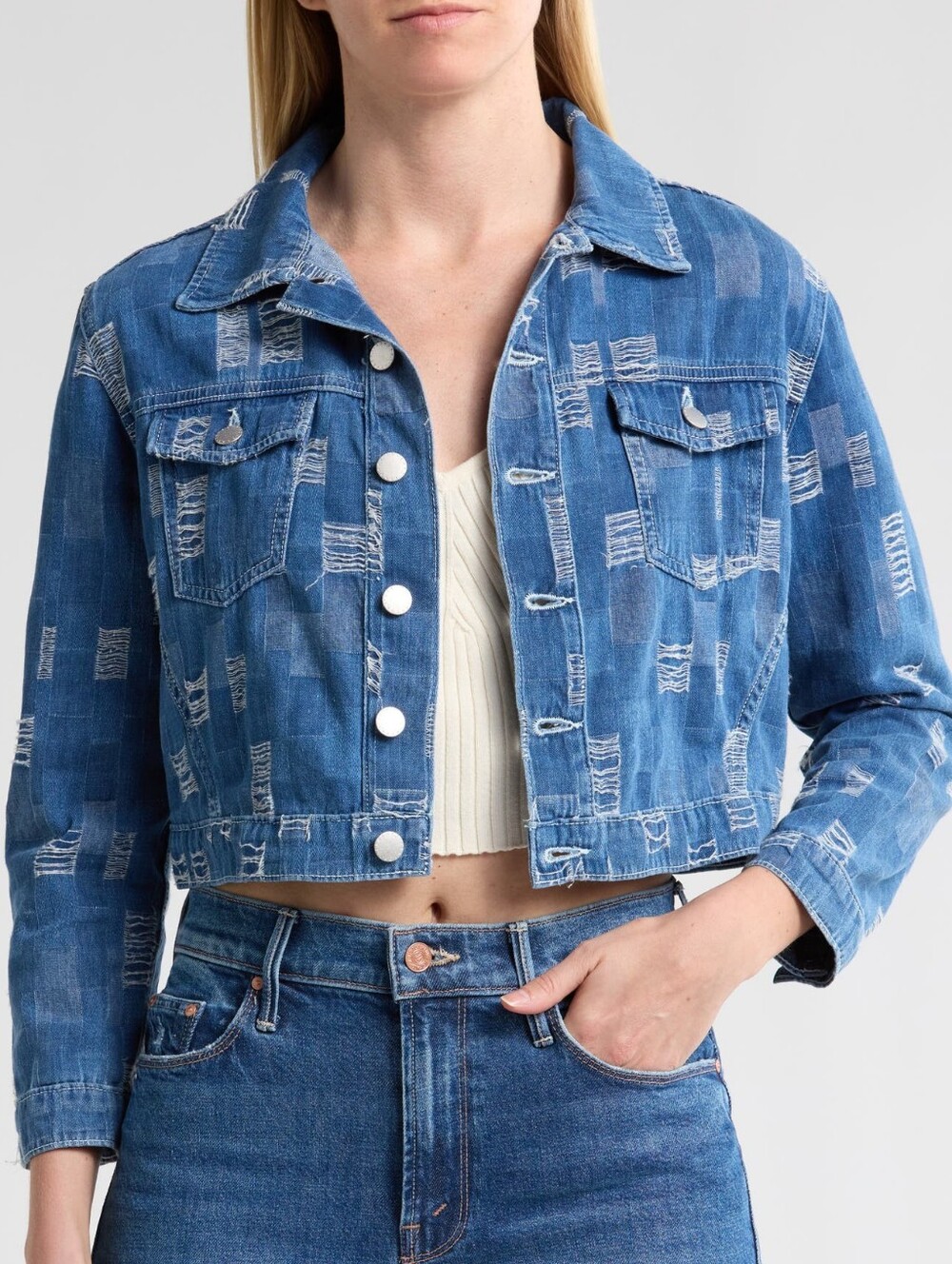 NEW L'AGENCE Koda Distressed Crop Denim Jacket Blue Medium